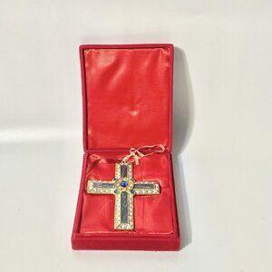 Vintage Carson Pirie Christmas Ornament Cross with Rhinestones Red Velvet Box